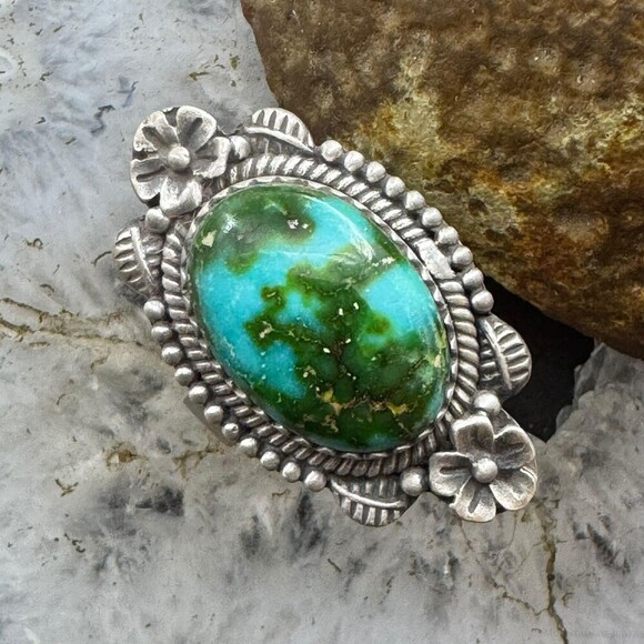 Sterling Southwestern Style Sonora Gold Turquoise Decorated Adjustable Ring #1 - Picture 1 of 10